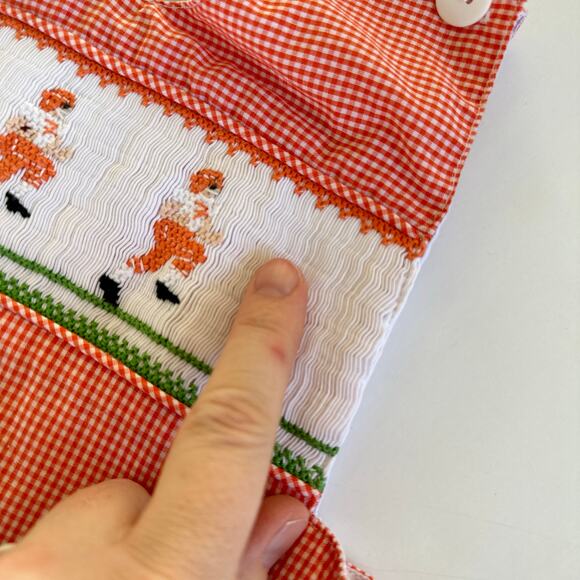 Remember Nguyen Orange Gingham Check Smocked Football Shortall -12M - Picture 5 of 6